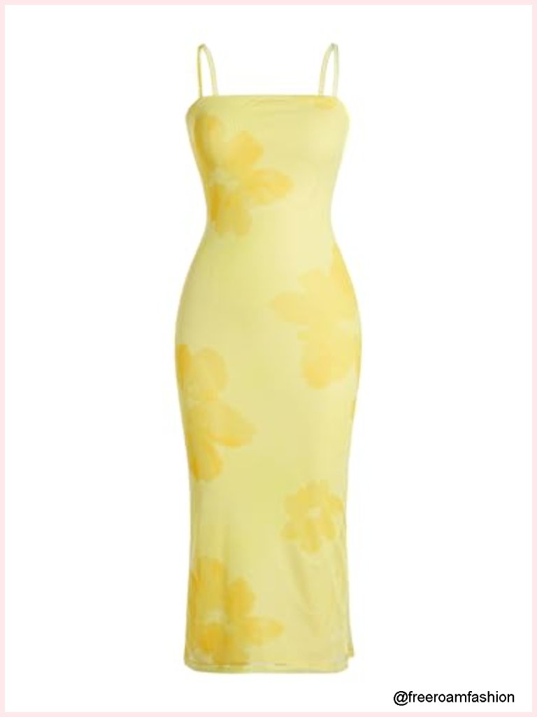 Tropical Floral Print Cami Midi Dress With Spaghetti Strap And Open Back